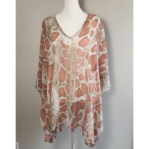 Adrienne Tunic Top Women's S Pink Tan Gold Snakeskin Print Sheer Coverup Boho